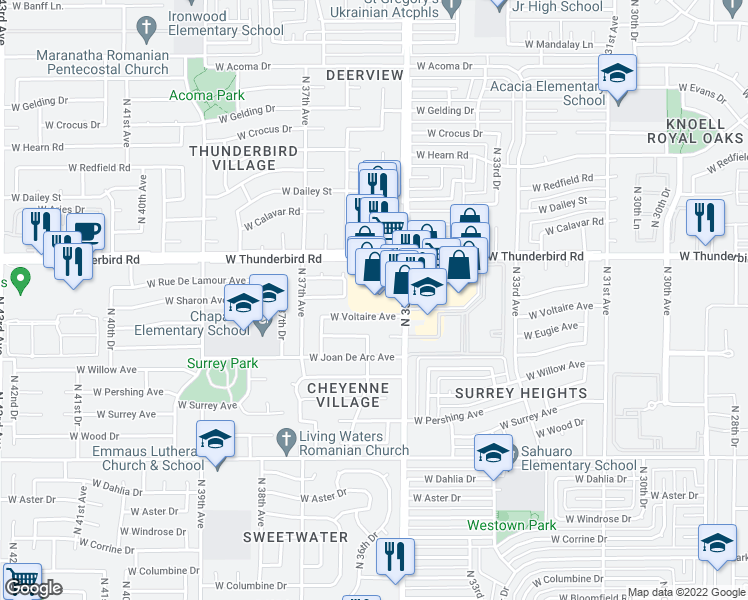 map of restaurants, bars, coffee shops, grocery stores, and more near 3531 West Thunderbird Road in Phoenix