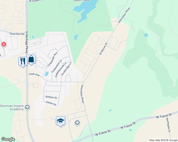 map of restaurants, bars, coffee shops, grocery stores, and more near 2105 West Moore Street in Sherman