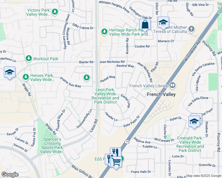 map of restaurants, bars, coffee shops, grocery stores, and more near 31069 Quail Garden Court in Winchester