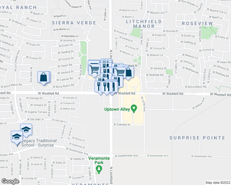 map of restaurants, bars, coffee shops, grocery stores, and more near 13828 West Waddell Road in Surprise