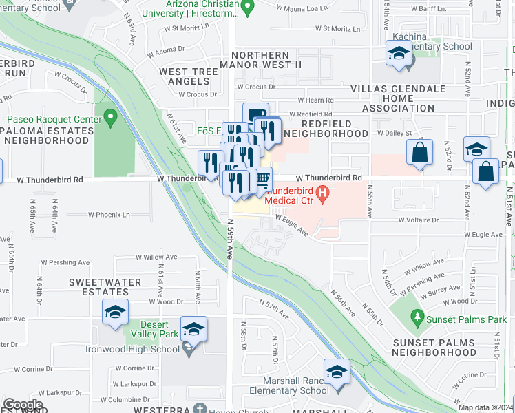 map of restaurants, bars, coffee shops, grocery stores, and more near 10002 North 57th Drive in Glendale