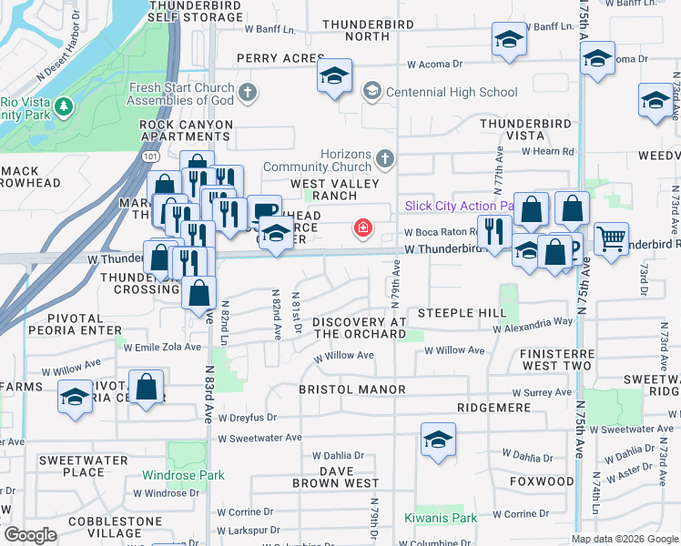 map of restaurants, bars, coffee shops, grocery stores, and more near 13678 North 80th Avenue in Peoria