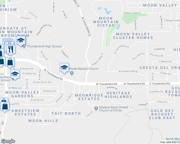 map of restaurants, bars, coffee shops, grocery stores, and more near 13445 North Coral Gables Drive in Phoenix