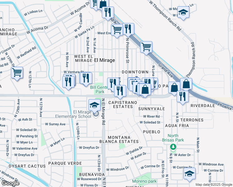map of restaurants, bars, coffee shops, grocery stores, and more near 12206 West Thunderbird Road in El Mirage
