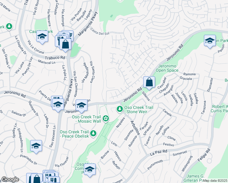 map of restaurants, bars, coffee shops, grocery stores, and more near 27667 Via Granados in Mission Viejo