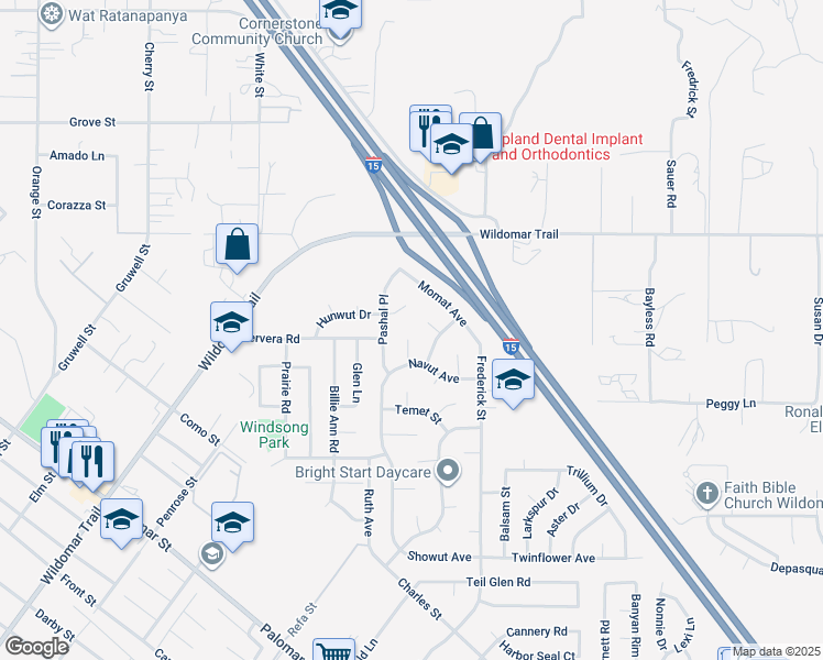 map of restaurants, bars, coffee shops, grocery stores, and more near 35230 Gatu Court in Wildomar