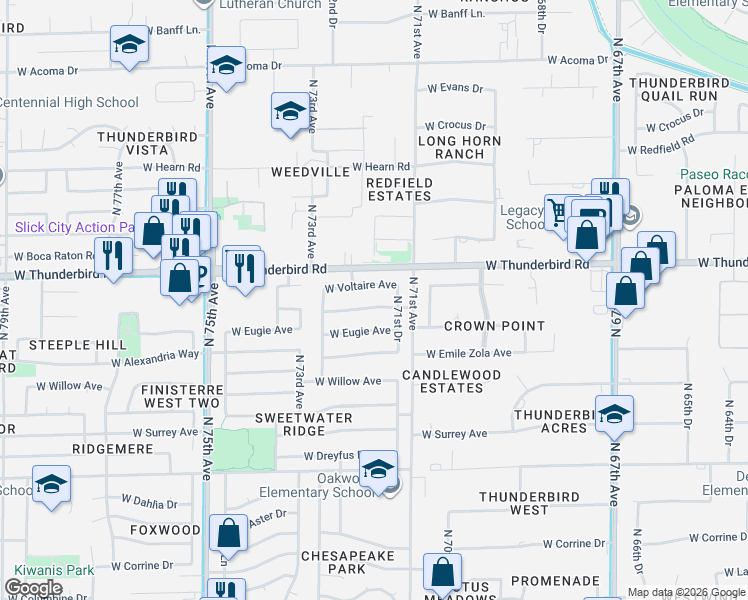 map of restaurants, bars, coffee shops, grocery stores, and more near 7170 West Rue De Lamour in Peoria