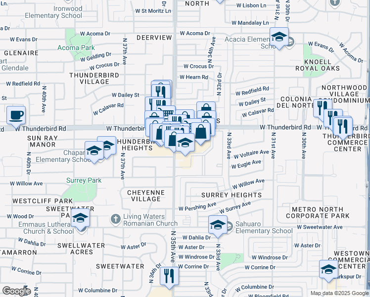 map of restaurants, bars, coffee shops, grocery stores, and more near 3421 West Thunderbird Road in Phoenix