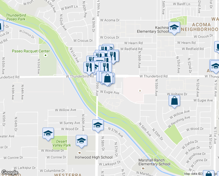map of restaurants, bars, coffee shops, grocery stores, and more near 5771 West Thunderbird Road in Glendale