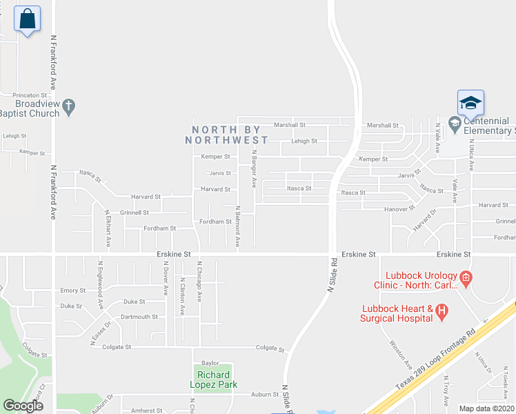 map of restaurants, bars, coffee shops, grocery stores, and more near 5241 Harvard Street in Lubbock