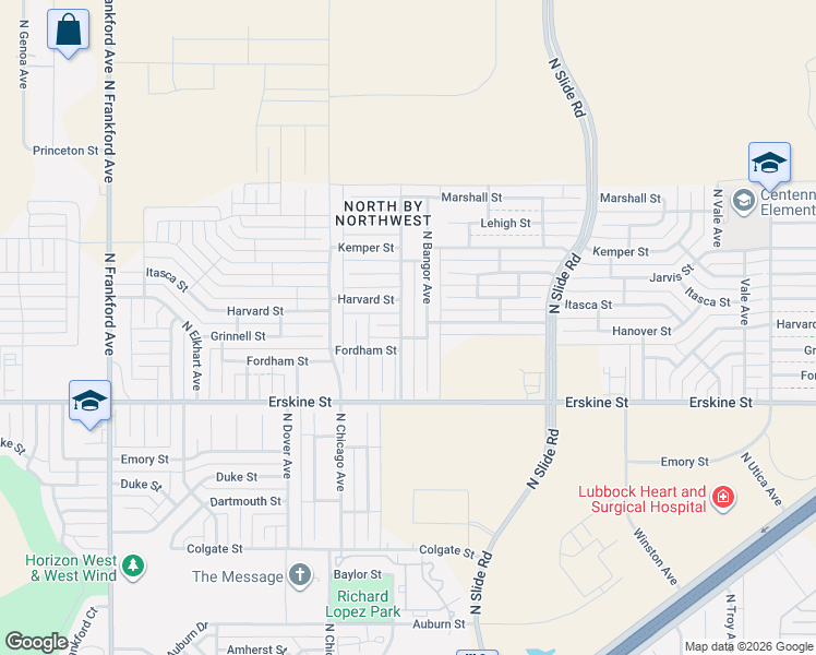 map of restaurants, bars, coffee shops, grocery stores, and more near 7624 Grinnell Street in Lubbock