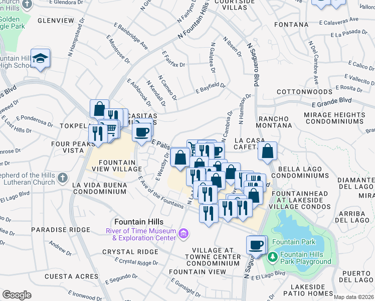 map of restaurants, bars, coffee shops, grocery stores, and more near 16624 East Palisades Boulevard in Fountain Hills