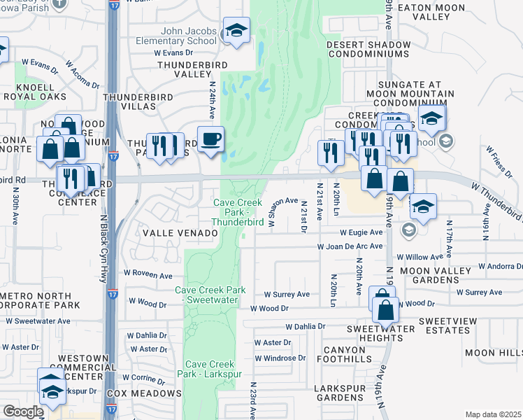 map of restaurants, bars, coffee shops, grocery stores, and more near 2182 West Sharon Avenue in Phoenix
