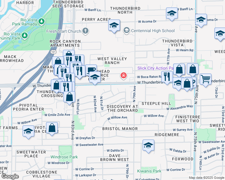 map of restaurants, bars, coffee shops, grocery stores, and more near 13678 North 80th Avenue in Peoria