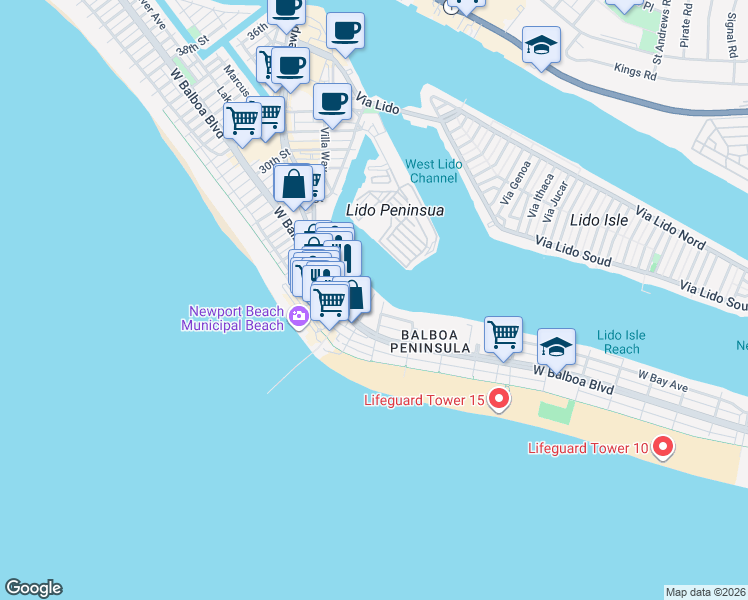 map of restaurants, bars, coffee shops, grocery stores, and more near in Newport Beach