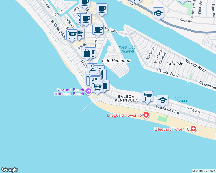 map of restaurants, bars, coffee shops, grocery stores, and more near in Newport Beach