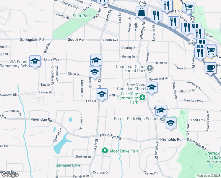 map of restaurants, bars, coffee shops, grocery stores, and more near 880 Laurel Street in Forest Park