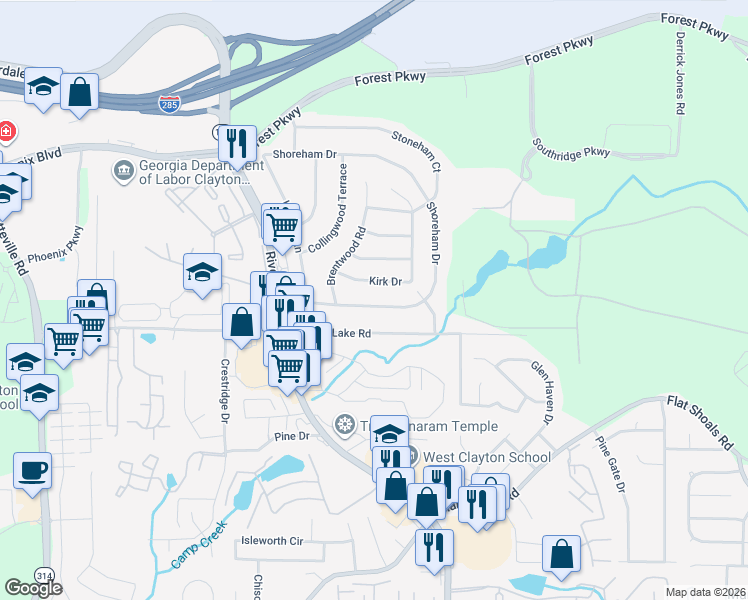 map of restaurants, bars, coffee shops, grocery stores, and more near 1155 Shoreham Drive in Atlanta