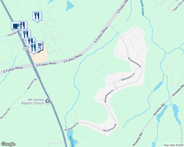 map of restaurants, bars, coffee shops, grocery stores, and more near 5597 Dendy Trace in Fairburn