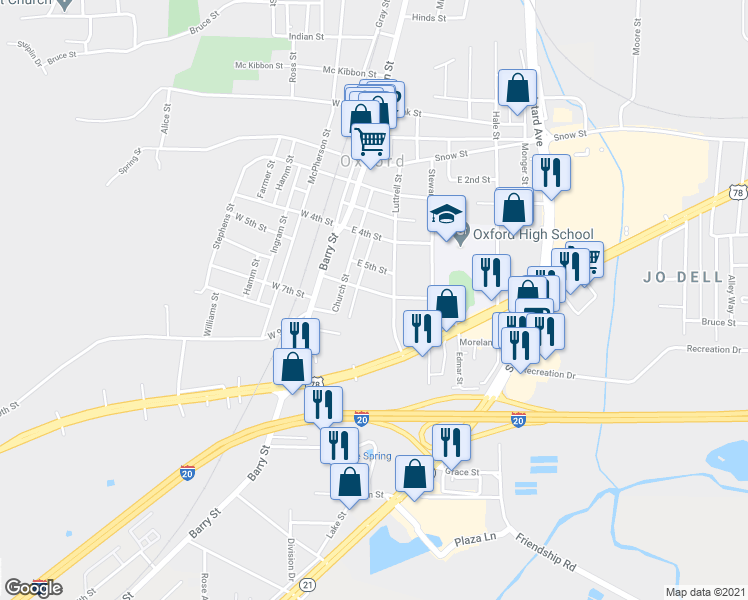 map of restaurants, bars, coffee shops, grocery stores, and more near 122 East 6th Street in Oxford