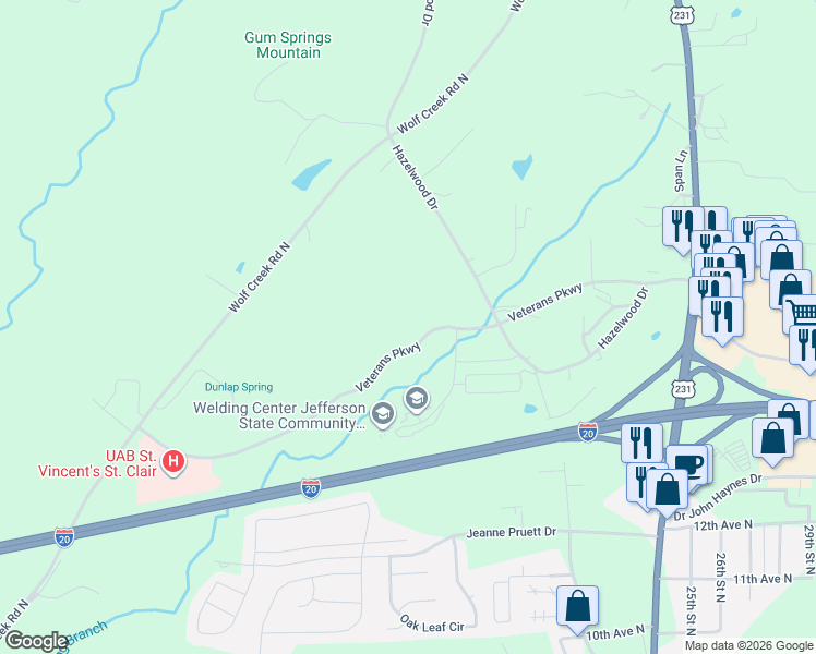 map of restaurants, bars, coffee shops, grocery stores, and more near Veterans Parkway in Pell City