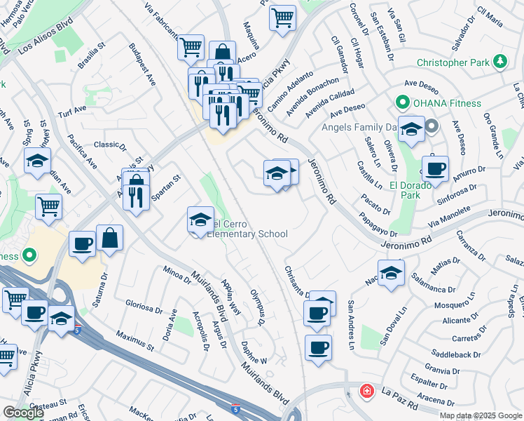 map of restaurants, bars, coffee shops, grocery stores, and more near 25952 Cordillera Drive in Mission Viejo