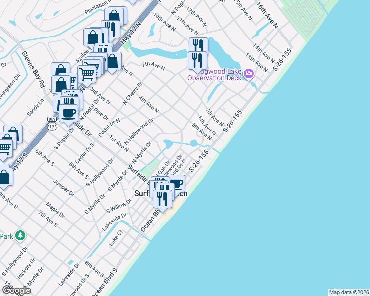map of restaurants, bars, coffee shops, grocery stores, and more near 310 3rd Avenue North in Surfside Beach