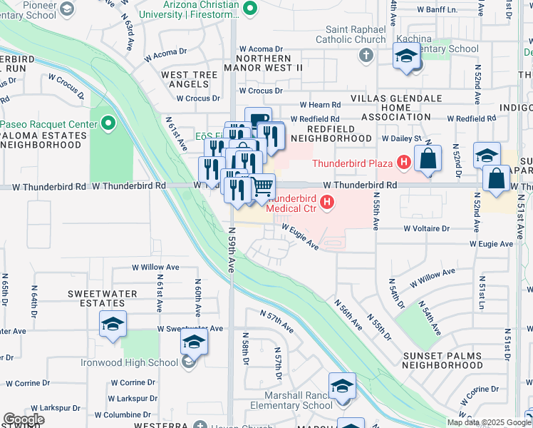map of restaurants, bars, coffee shops, grocery stores, and more near 5771 West Thunderbird Road in Glendale