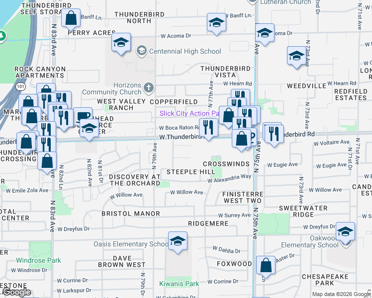 map of restaurants, bars, coffee shops, grocery stores, and more near 7728 West Rue De Lamour in Peoria