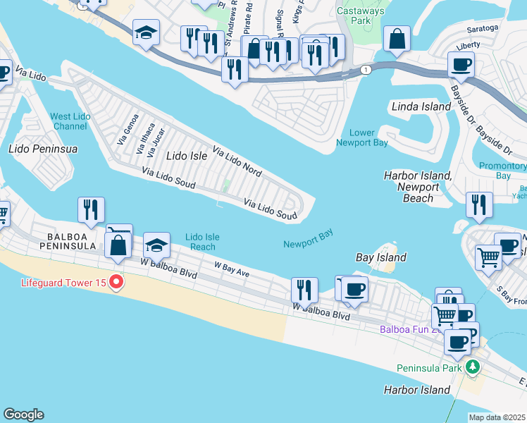 map of restaurants, bars, coffee shops, grocery stores, and more near 815 Via Lido Soud in Newport Beach