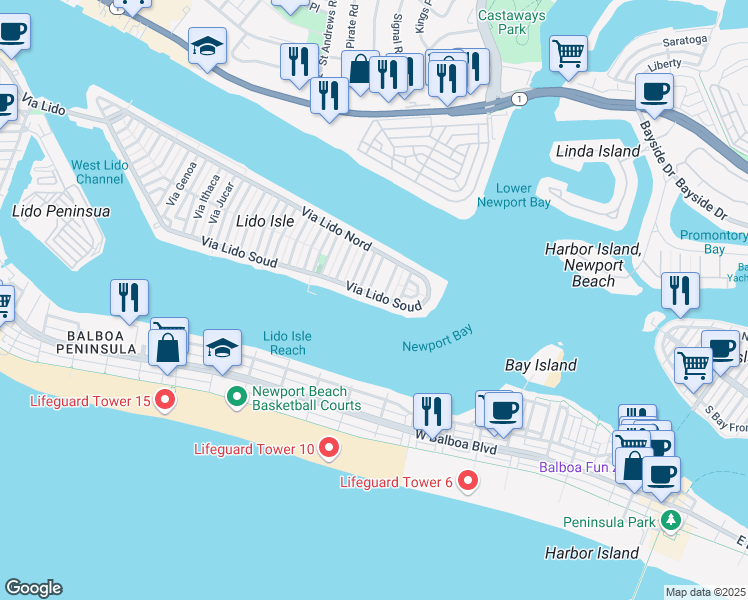 map of restaurants, bars, coffee shops, grocery stores, and more near 815 Via Lido Soud in Newport Beach