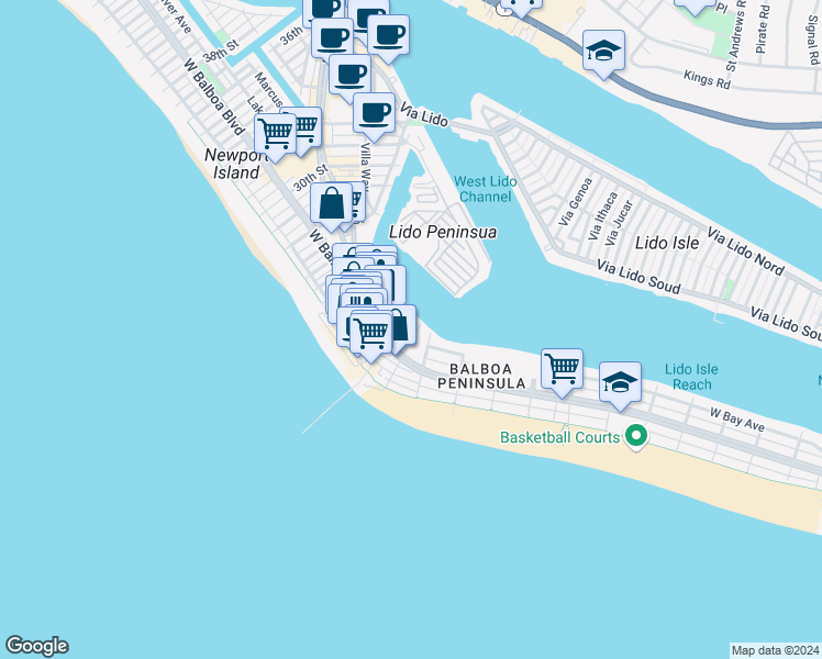 map of restaurants, bars, coffee shops, grocery stores, and more near 223 20th Street in Newport Beach
