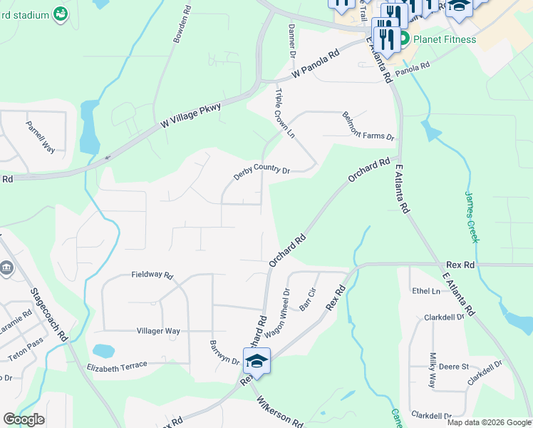 map of restaurants, bars, coffee shops, grocery stores, and more near 315 Belmont Farms Drive in Ellenwood