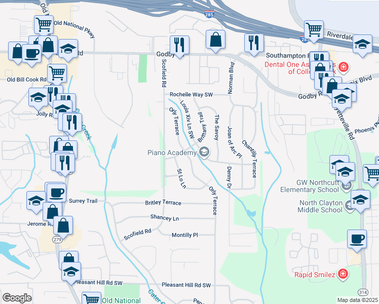 map of restaurants, bars, coffee shops, grocery stores, and more near 5366 Orly Terrace in College Park