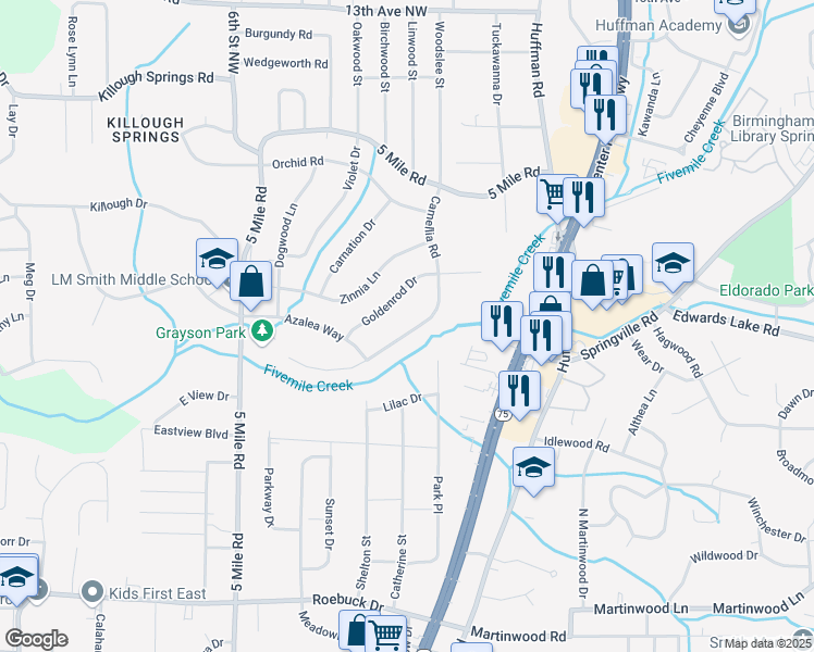 map of restaurants, bars, coffee shops, grocery stores, and more near 532 Camellia Road in Birmingham