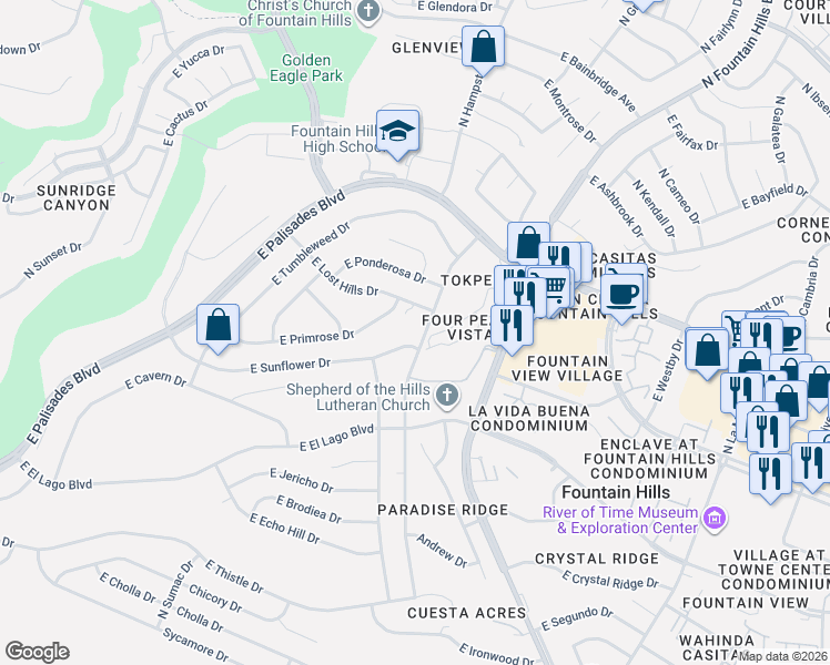 map of restaurants, bars, coffee shops, grocery stores, and more near 13442 North Mountainside Drive in Fountain Hills
