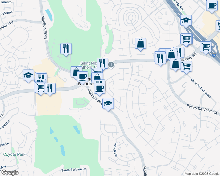 map of restaurants, bars, coffee shops, grocery stores, and more near in Laguna Woods
