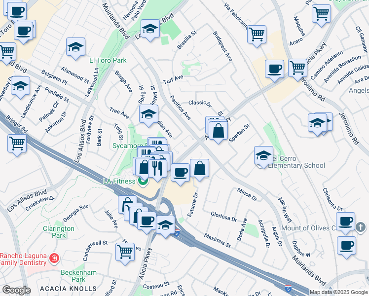 map of restaurants, bars, coffee shops, grocery stores, and more near 25362 Felicia Court in Mission Viejo