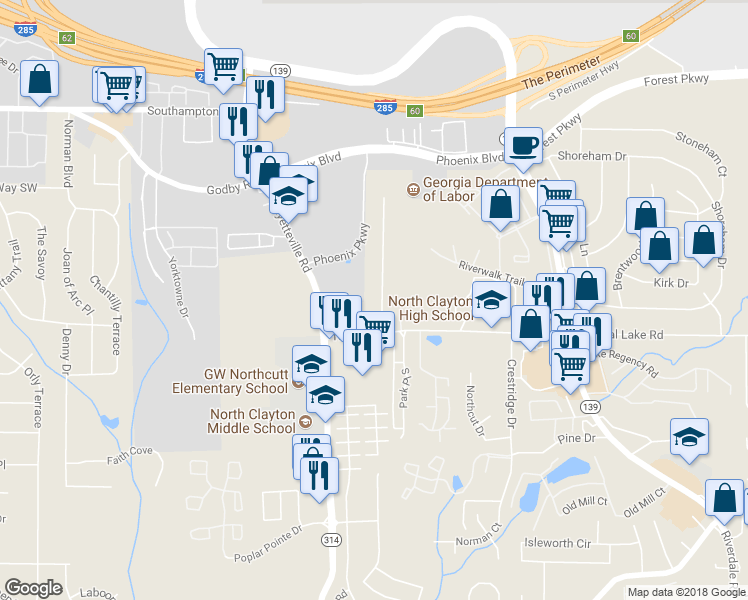 map of restaurants, bars, coffee shops, grocery stores, and more near 5343 Crystal Lane in Atlanta