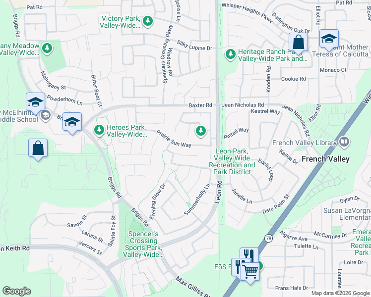 map of restaurants, bars, coffee shops, grocery stores, and more near 30833 Prairie Sun Way in Murrieta