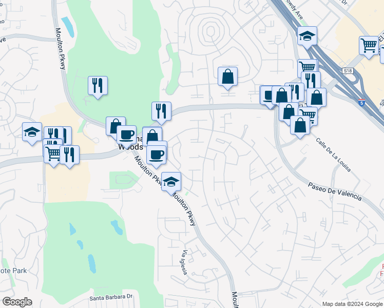 map of restaurants, bars, coffee shops, grocery stores, and more near 267 Avenida Sevilla in Laguna Woods