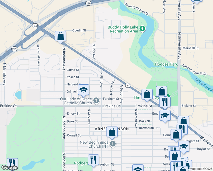 map of restaurants, bars, coffee shops, grocery stores, and more near 3008 Grinnell Street in Lubbock