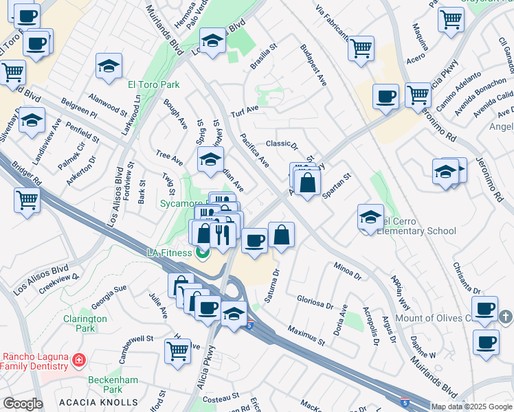 map of restaurants, bars, coffee shops, grocery stores, and more near 25362 Felicia Court in Mission Viejo