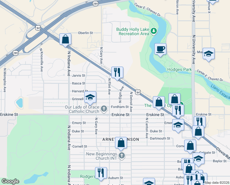 map of restaurants, bars, coffee shops, grocery stores, and more near 3008 Grinnell Street in Lubbock