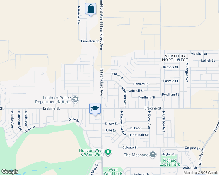 map of restaurants, bars, coffee shops, grocery stores, and more near 5710 Grinnell Street in Lubbock