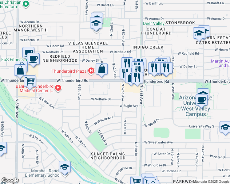 map of restaurants, bars, coffee shops, grocery stores, and more near 5216 West Voltaire Drive in Glendale