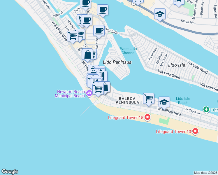 map of restaurants, bars, coffee shops, grocery stores, and more near in Newport Beach