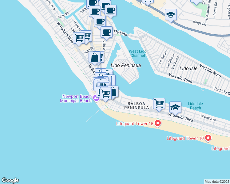 map of restaurants, bars, coffee shops, grocery stores, and more near in Newport Beach