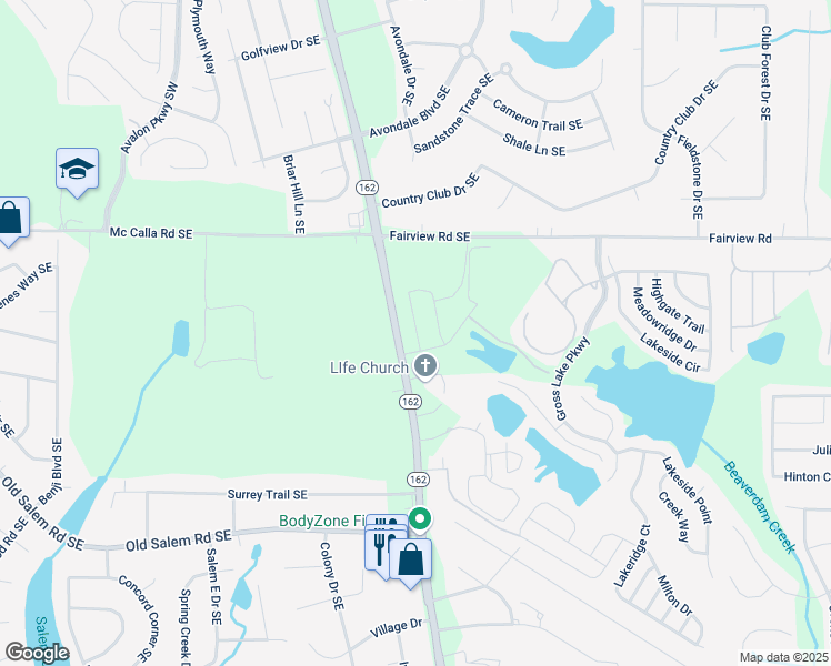 map of restaurants, bars, coffee shops, grocery stores, and more near Wyndham Place in Rockdale County