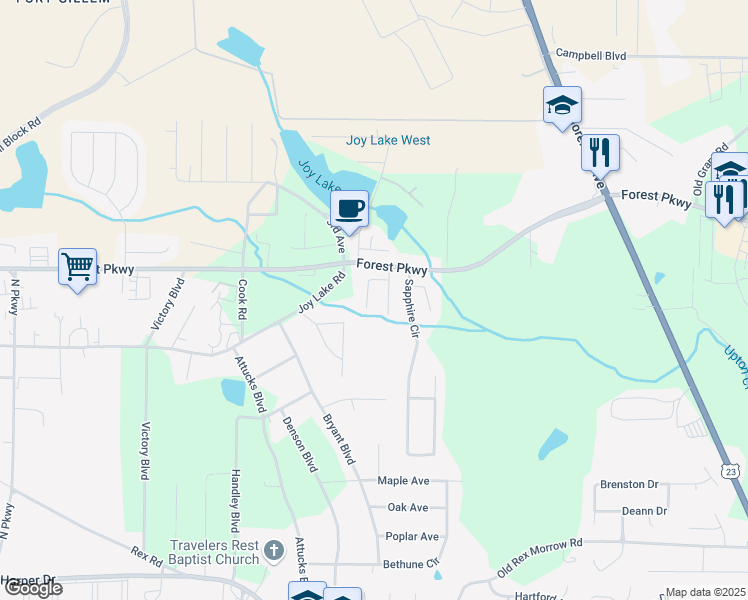 map of restaurants, bars, coffee shops, grocery stores, and more near 5367 Creek View Lane in Morrow